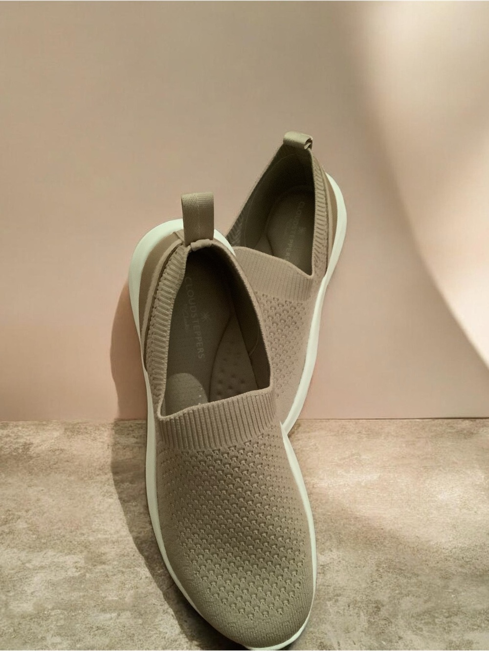 Clarks Women's Cloud Steppers Slip-On Sneakers in Taupe and White